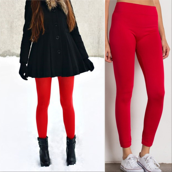 MODA ME COUTURE Pants - LIPSTICK RED FLEECED LINED leggings